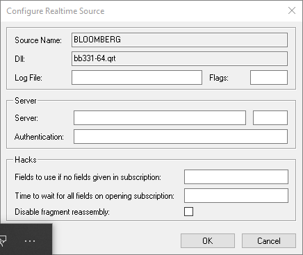 Bloomberg realtime source configuration dialog