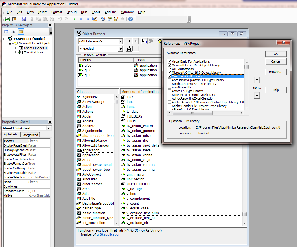 VBA Object Browser showing Quantlab COM Library