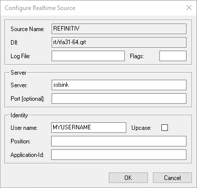 Refinitiv realtime source configuration dialog